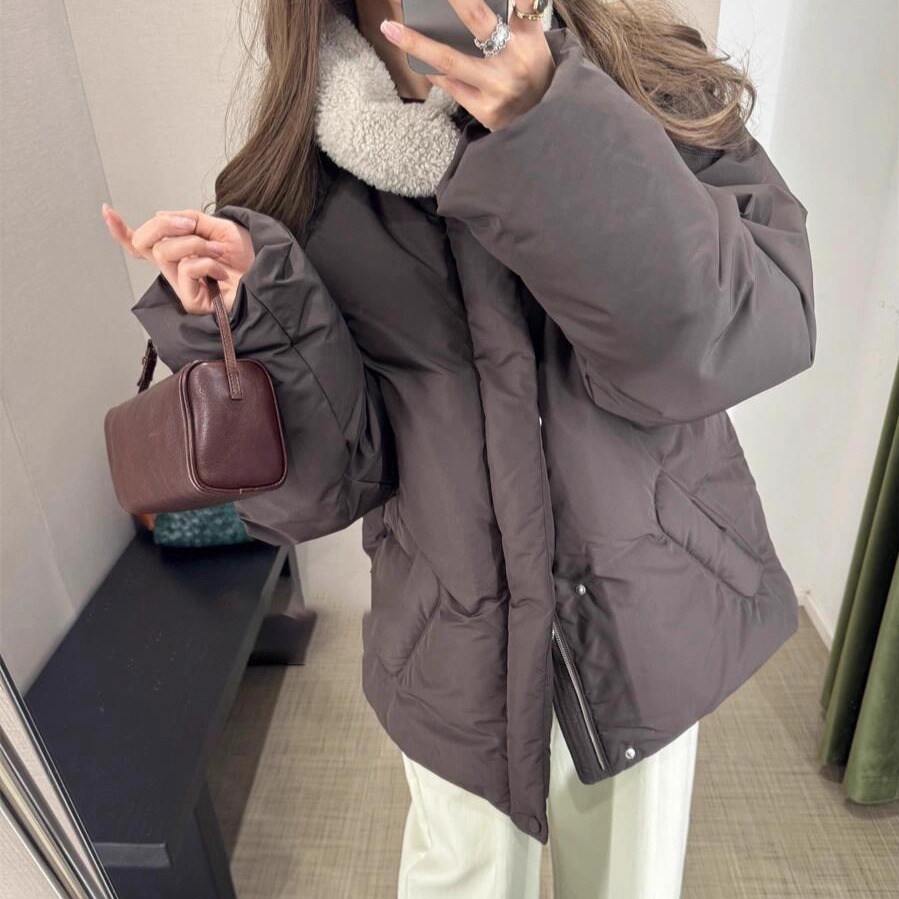 Narcos25秋冬新款 简约羊羔毛立领羽绒服外套女宽松休闲保暖上衣