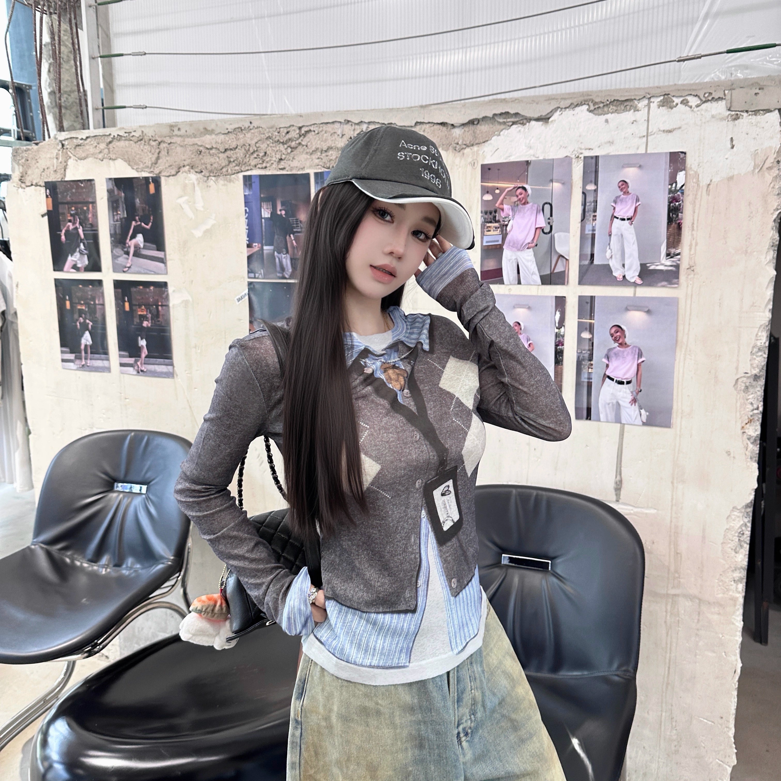 Narcos25早秋新款设计感趣味3D印花菱格假两件长袖打底衫辣妹显瘦