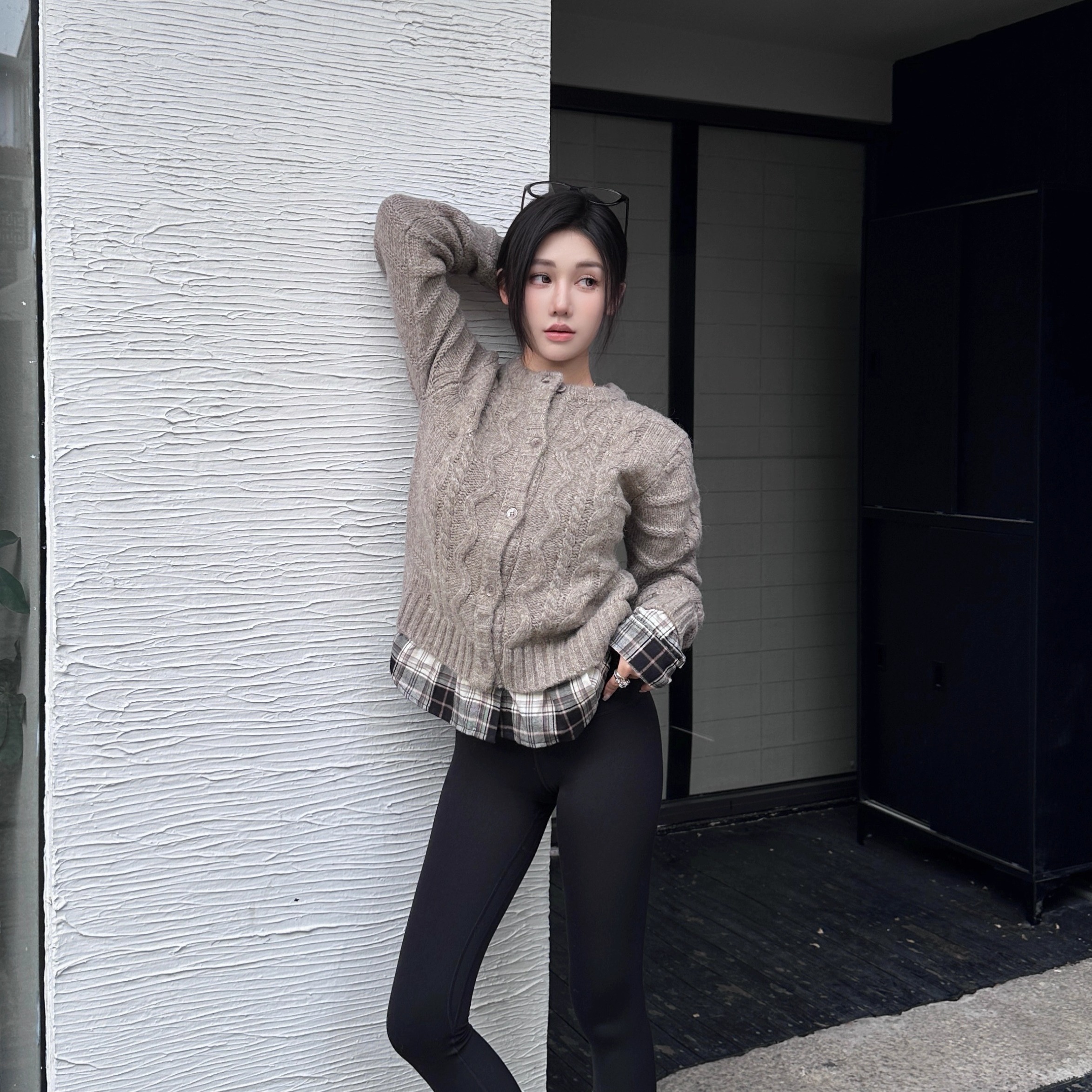 Narcos小众设计格纹衬衫拼接假两件圆领针织毛衣开衫女25秋冬新款