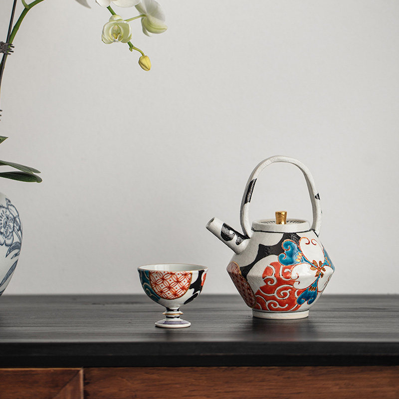 日本进口九谷烧墨锦茶壶高档日式提梁泡茶壶川剧三原色茶具