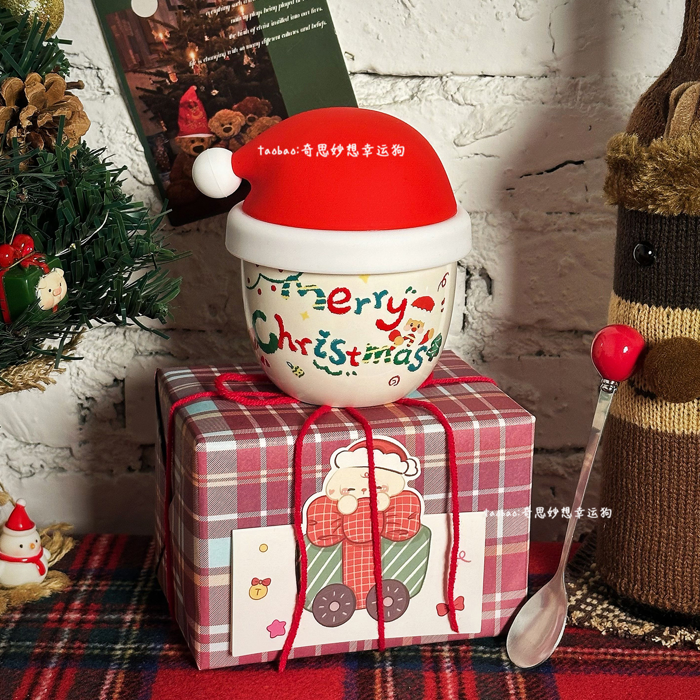 高颜值圣诞帽陶瓷马克杯送闺蜜送情侣生日礼物带盖咖啡杯手握杯子