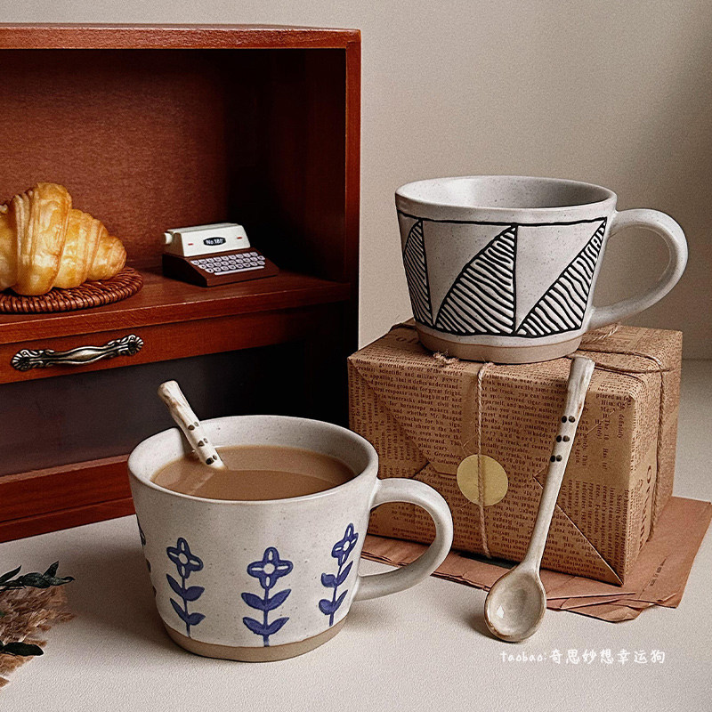 复古高级感生日礼物手绘陶瓷咖啡杯子家用办公室高颜值粗陶马克杯,餐饮具,马克杯,淘宝优惠券,粉丝福利购,淘宝优惠卷