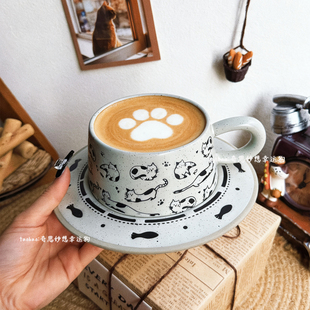 日式复古萌宠小猫咪马克杯高级感生日礼物粗陶咖啡杯碟精致伴手礼
