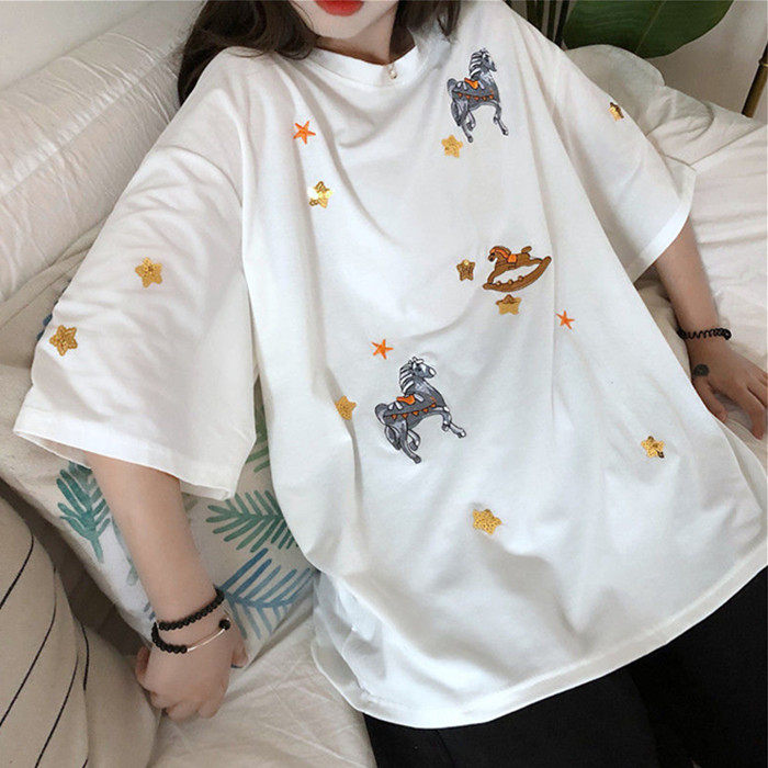 2020 summer new pattern Sequins Embroidery Korean Edition Short sleeved T-shirt Easy ins Korean Edition Hip hop student half sleeve jacketin the Women's clothing/Boutique , T-shirt  category - from Buy2taobao.com to provide professional Taobao agent buy service