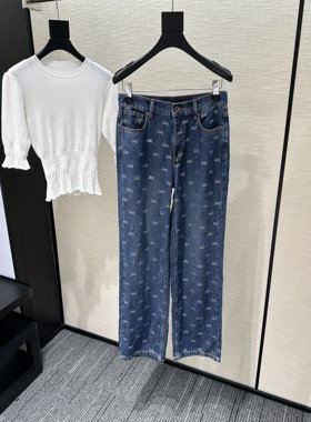 李亚男 非常适合夏天穿的一款 全身蝴蝶结烫钻 复古蓝 牛仔裤