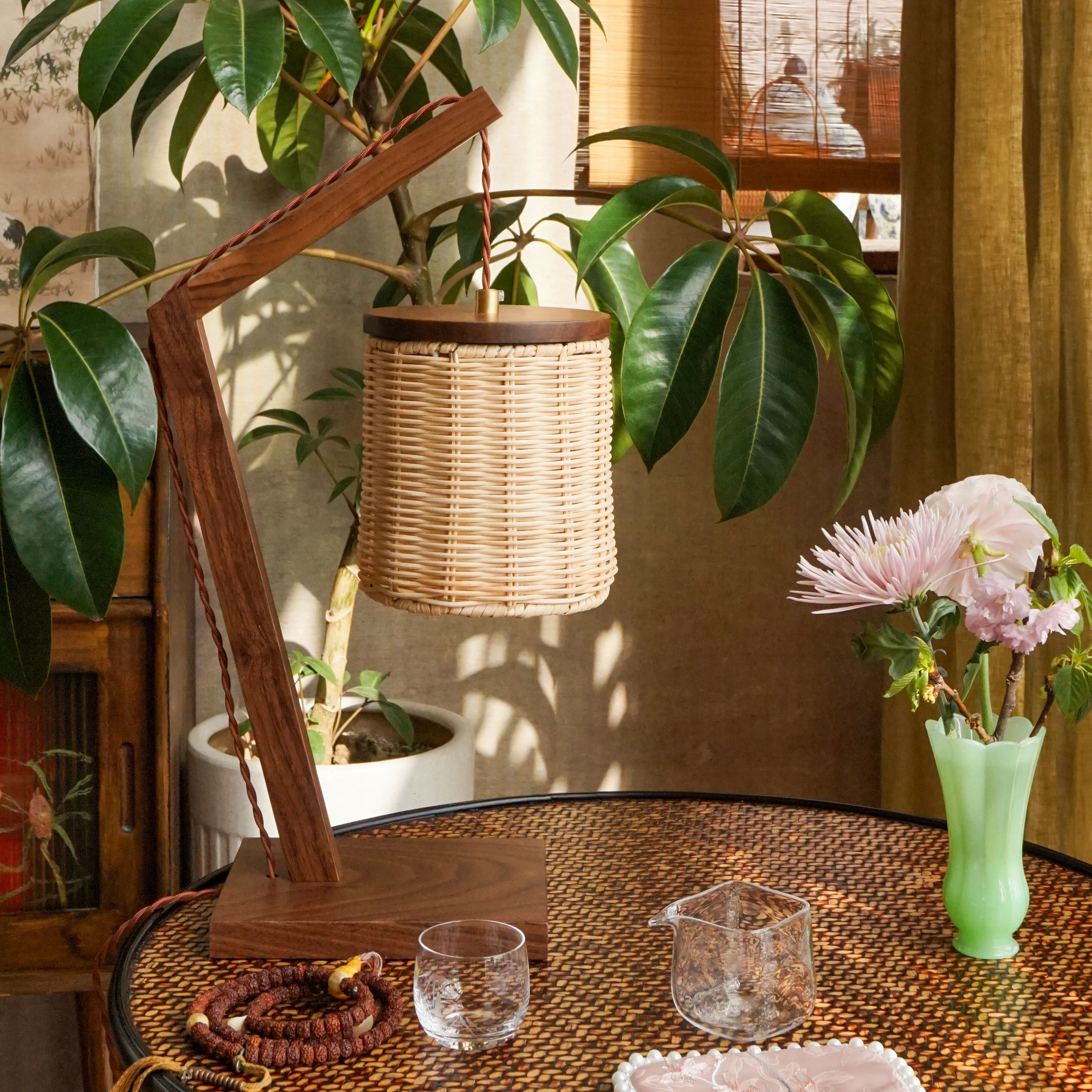 设计师款 胡桃木藤编桌面台灯钓鱼灯 中式茶室书房玄关可置物台灯