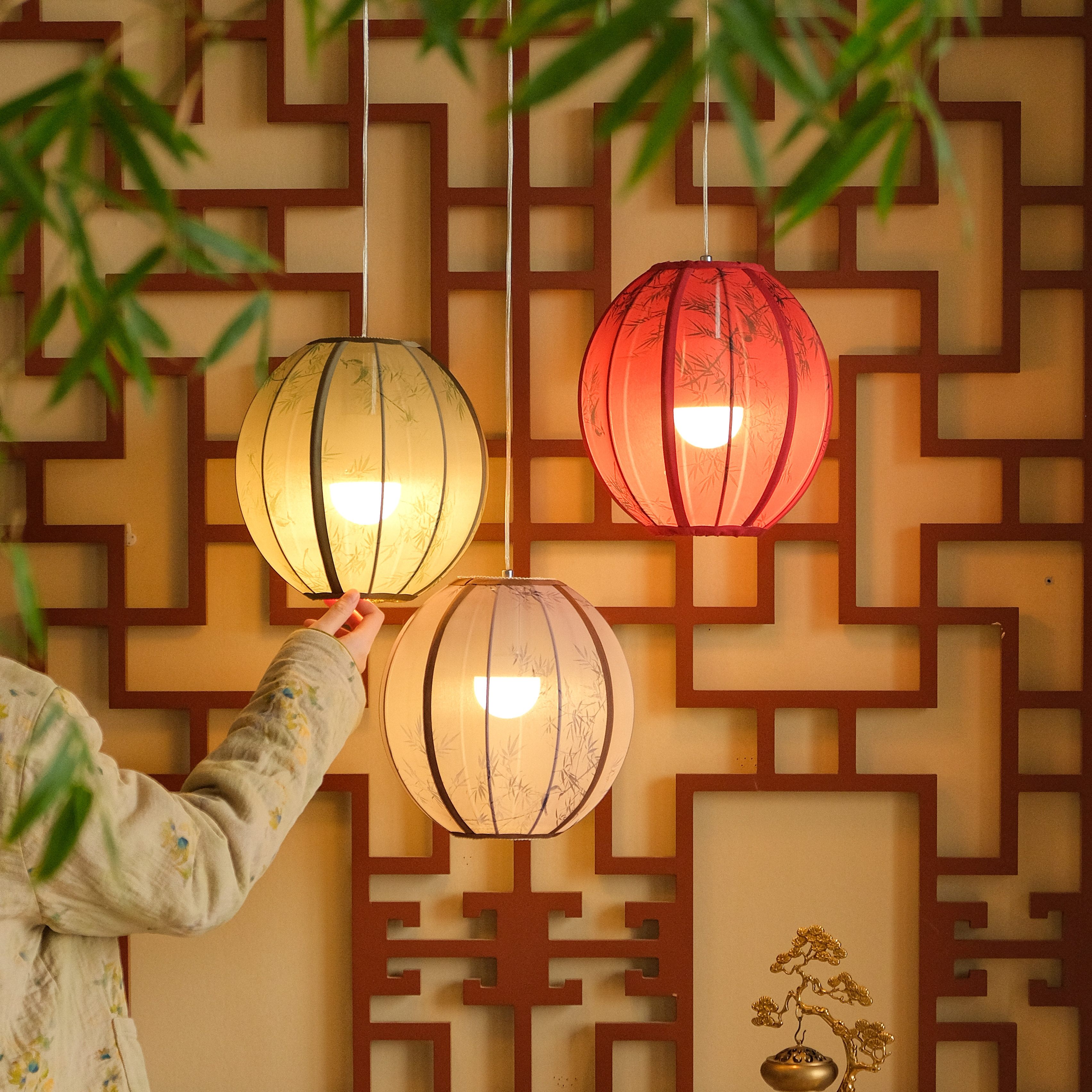 物几空间竹影新中式复古灯笼布艺餐厅书房卧室茶室灯具球形吊灯,家装灯饰光源,餐厅吊灯,淘宝优惠券,粉丝福利购,淘宝优惠卷