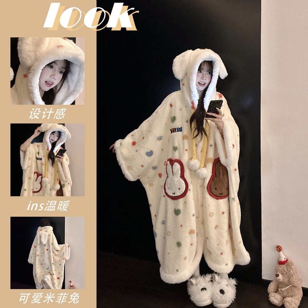可爱少女风连帽睡袍女款秋冬季珊瑚绒加绒加厚保暖斗篷睡衣家居服
