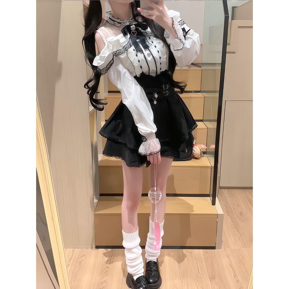 日系亚文化蕾服甜美蕾丝漏肩套装女春秋长袖收腰显瘦短裙子