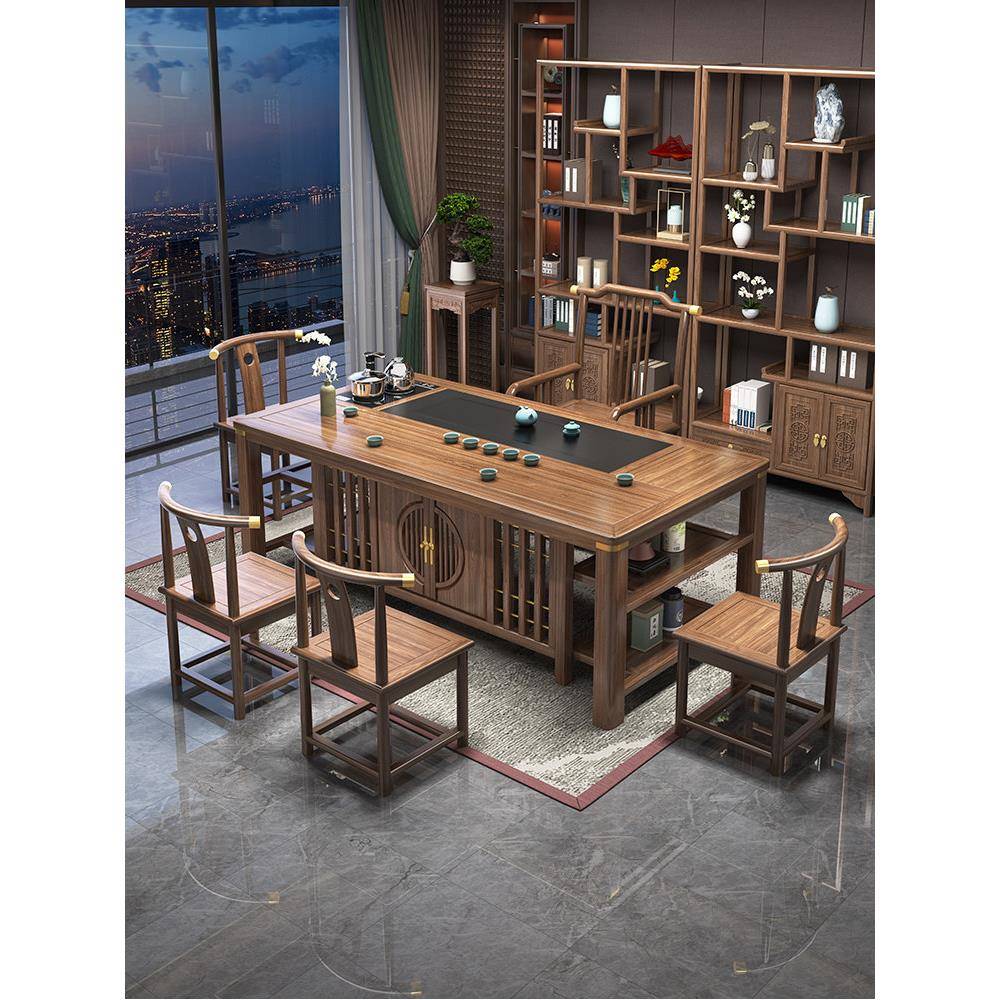 实木茶桌椅组合一桌五椅新中式办公室茶几家用功夫茶台烧水壶一体