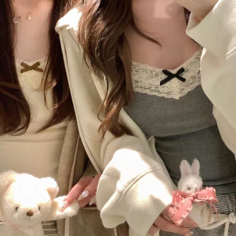 吊带背心女外穿蕾丝蝴蝶结辣妹美背裹胸带胸垫一体打底短款上衣