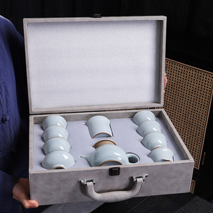 天青汝瓷开片复古三才盖碗茶壶茶杯 日本品质汝窑功夫茶具家用套装