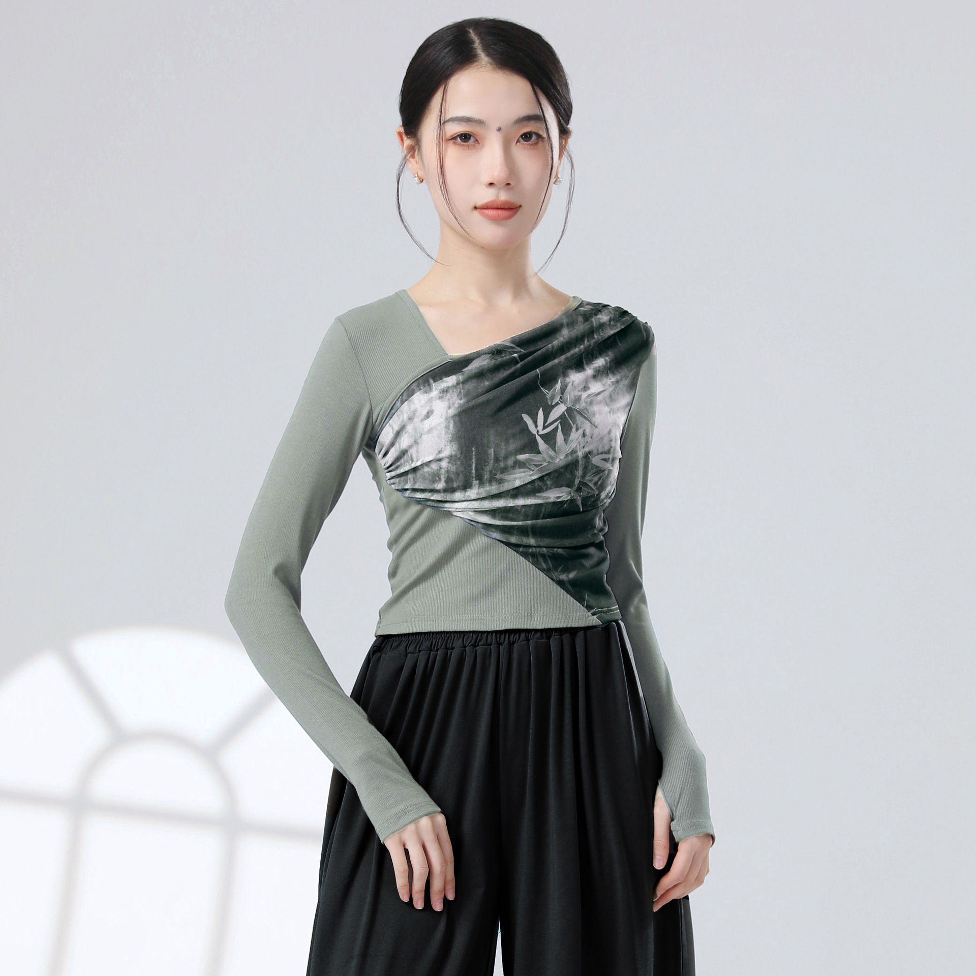 日本无印MUJIE专业中国舞水墨风古典舞蹈练功服女国风修身短袖袖