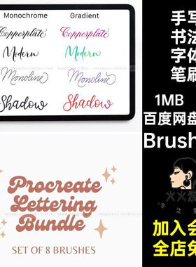 8款写字链子笔刷纹理手写画笔钢笔写字Procreate线条Brushset书法