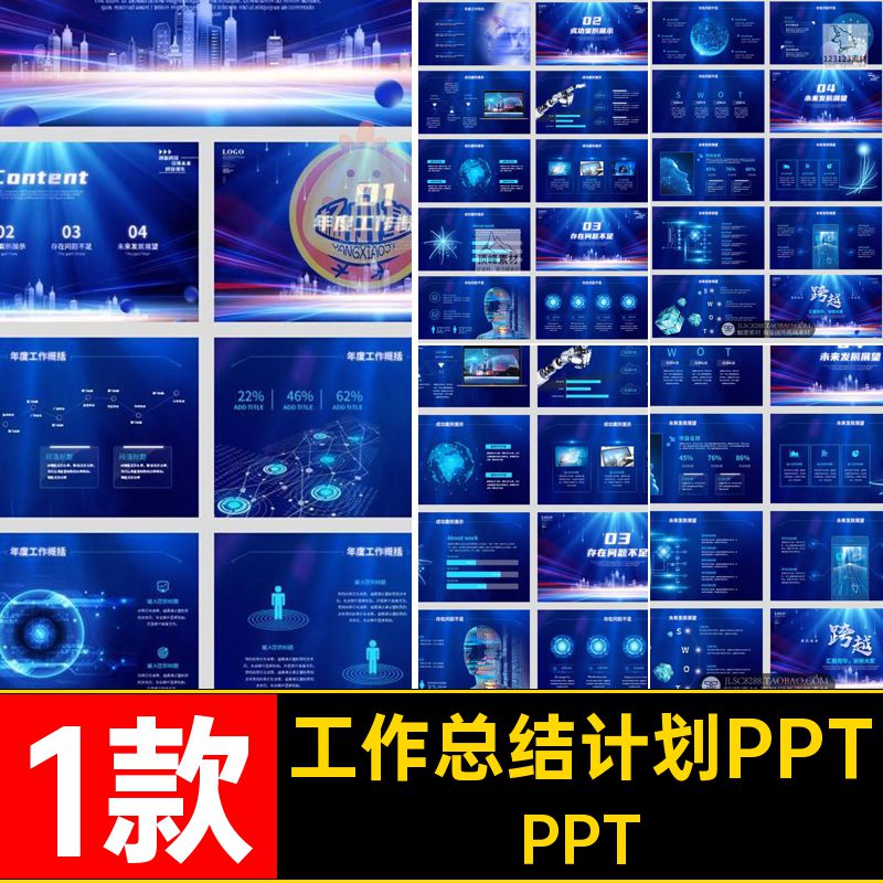 1款月度总结计划PPT季度年中新年蓝色科技年终工作总结风模板感