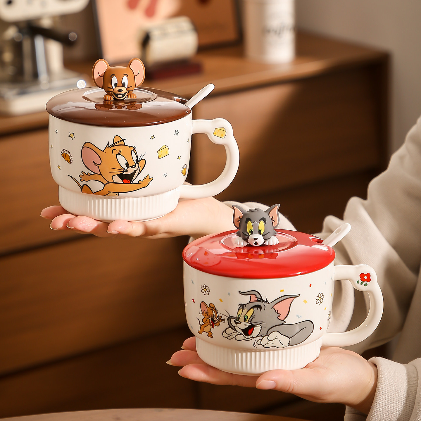 猫和老鼠大容量麦片早餐杯子带盖勺可爱陶瓷马克杯情侣家用喝水杯