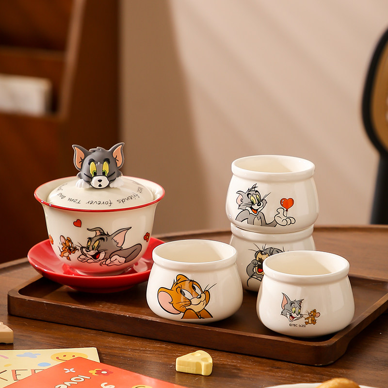 猫和老鼠陶瓷盖碗茶杯套装高颜值家用办公室茶具乔迁送朋友伴手礼