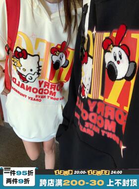 GTGA美式复古可爱卡通凯蒂猫印花连帽卫衣冬加绒情侣男女长袖上衣