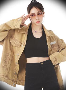 SPEAR YOUTH原创咖色水洗刺绣牛仔外套男女宽松情侣夹克上衣新品