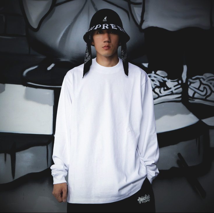 bboy 宽松纯色 滑板 重磅小领口t恤 街舞 嘻哈净色长袖打底hiphop