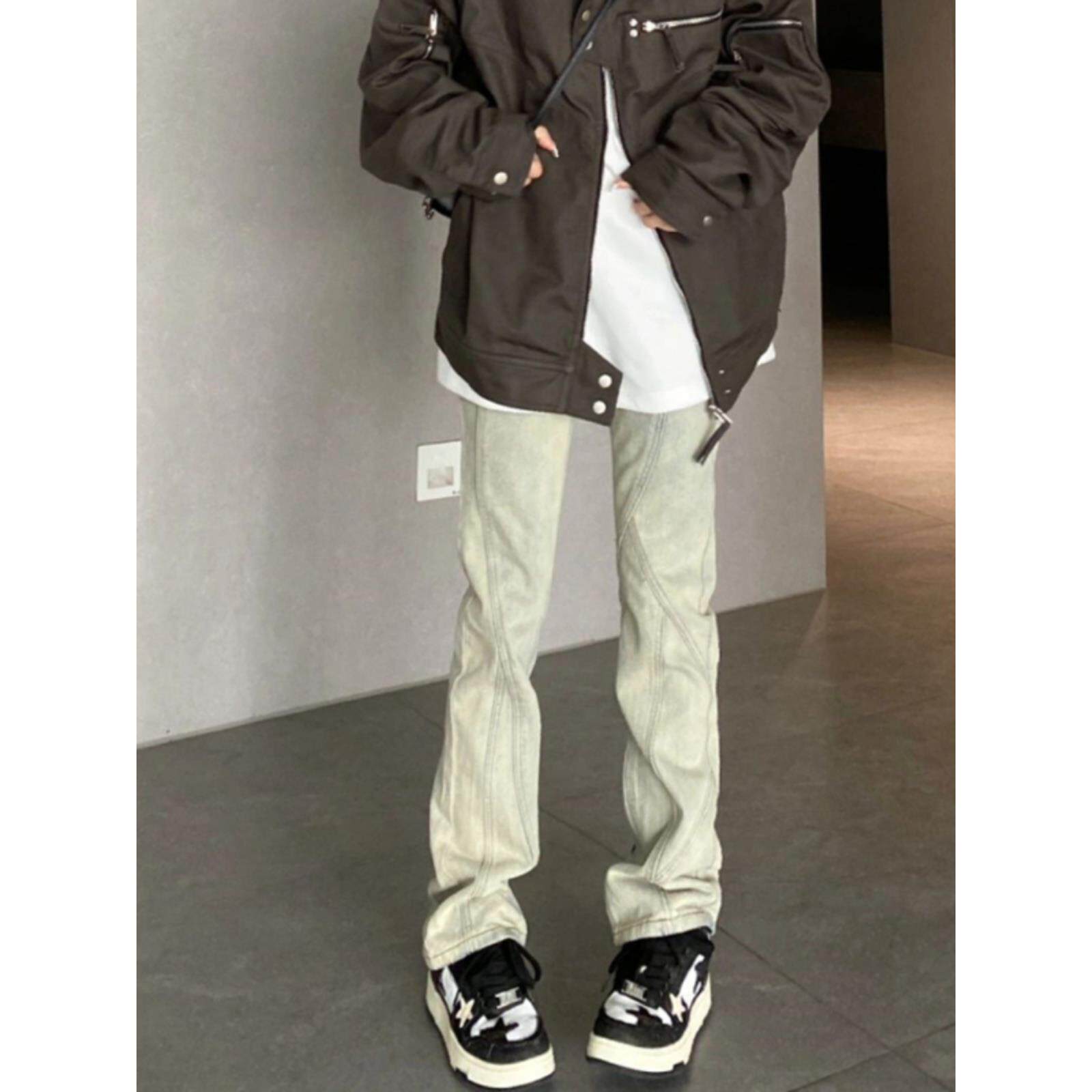 美式复古vibe裤子高街潮牌水洗黄泥染牛仔裤男加绒修身直筒微喇裤