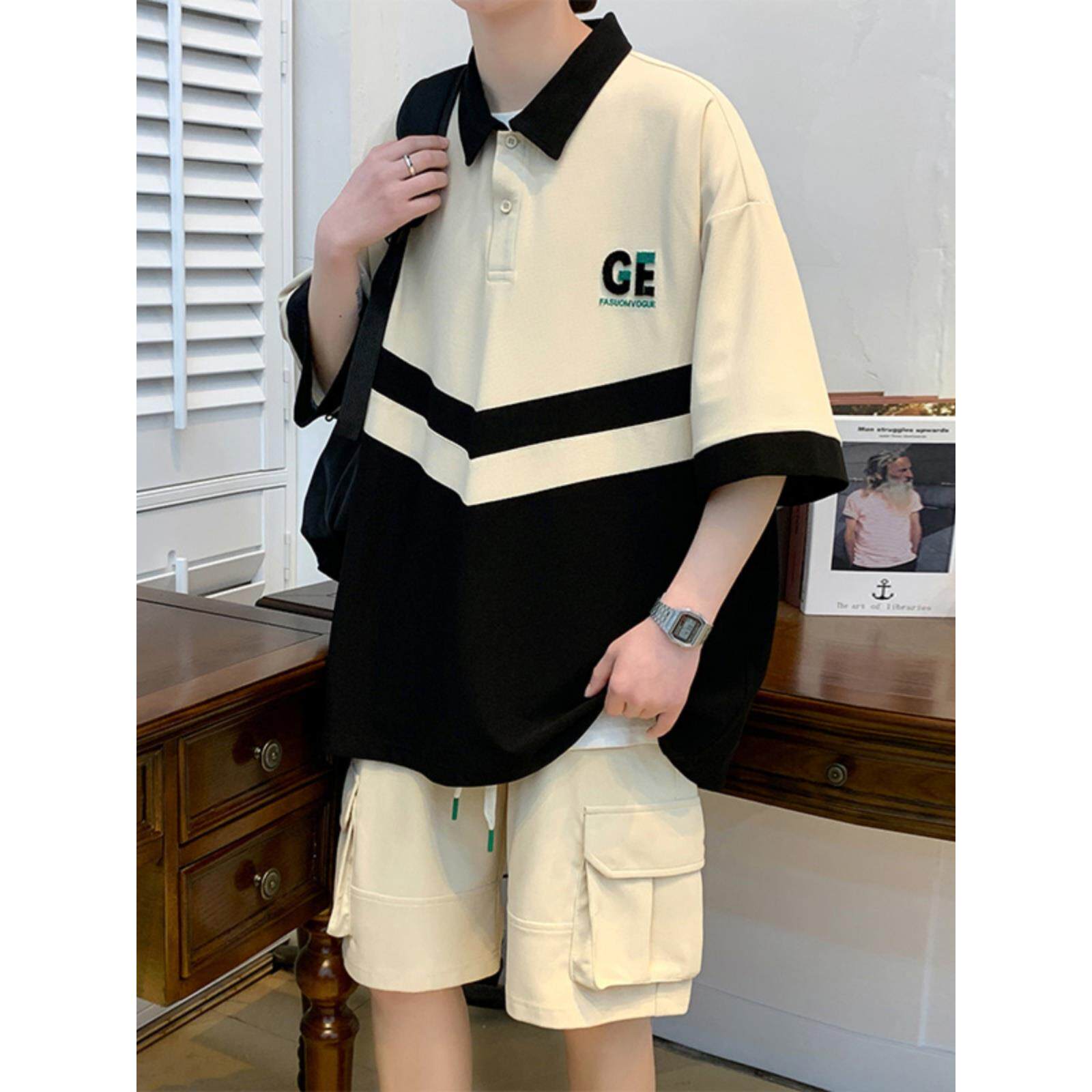 运动套装男夏季潮牌时尚polo衫短袖休闲五分裤简约百搭宽松两件套