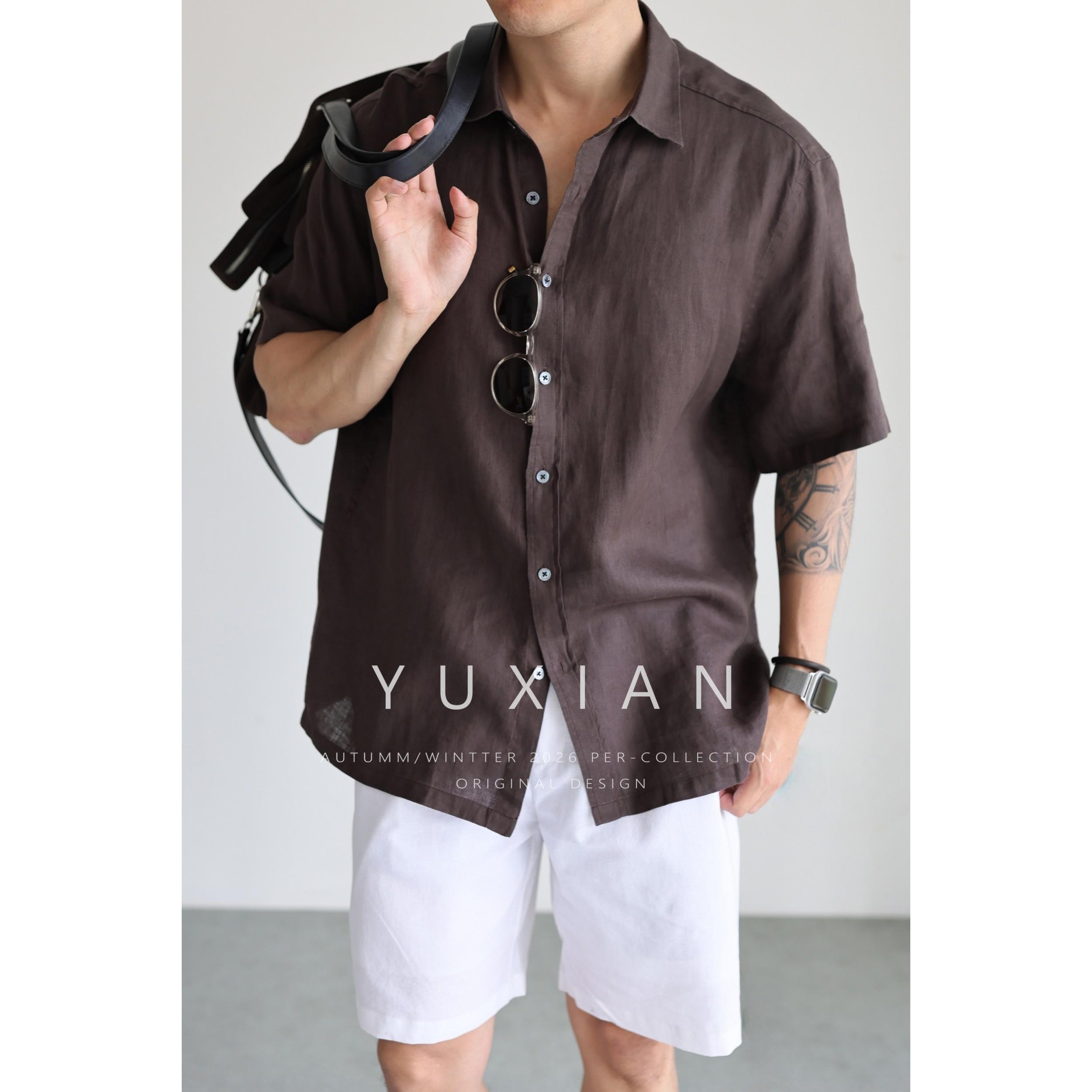 YUXIAN意式100%亚麻雨露透气短袖衬衫休闲 宽松薄款衬衫男女春夏