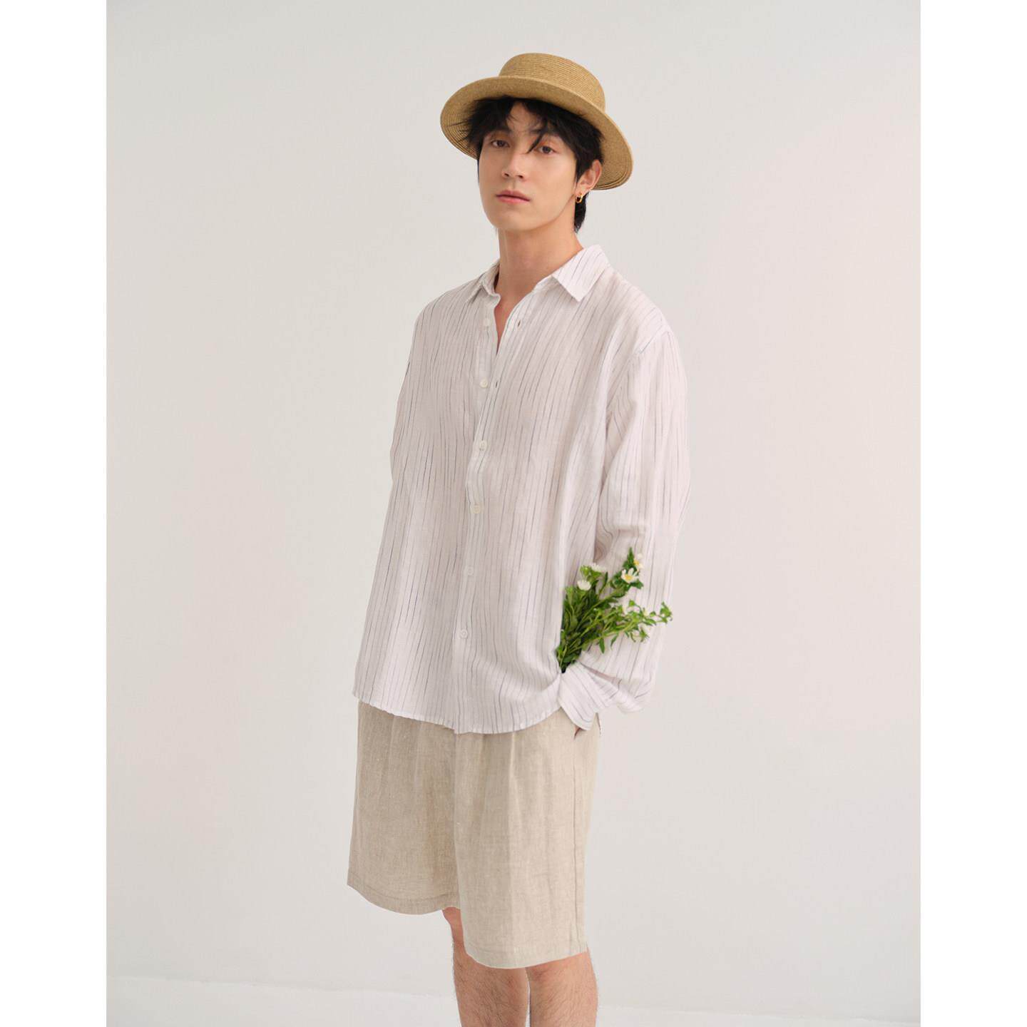 地平线男装【100雨露麻渐变条纹】休闲夏天亚麻衬衫/衬衣 薄