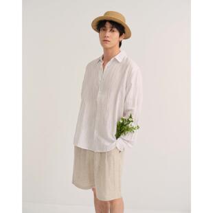 地平线男装【100雨露麻渐变条纹】休闲夏天亚麻衬衫/衬衣 薄