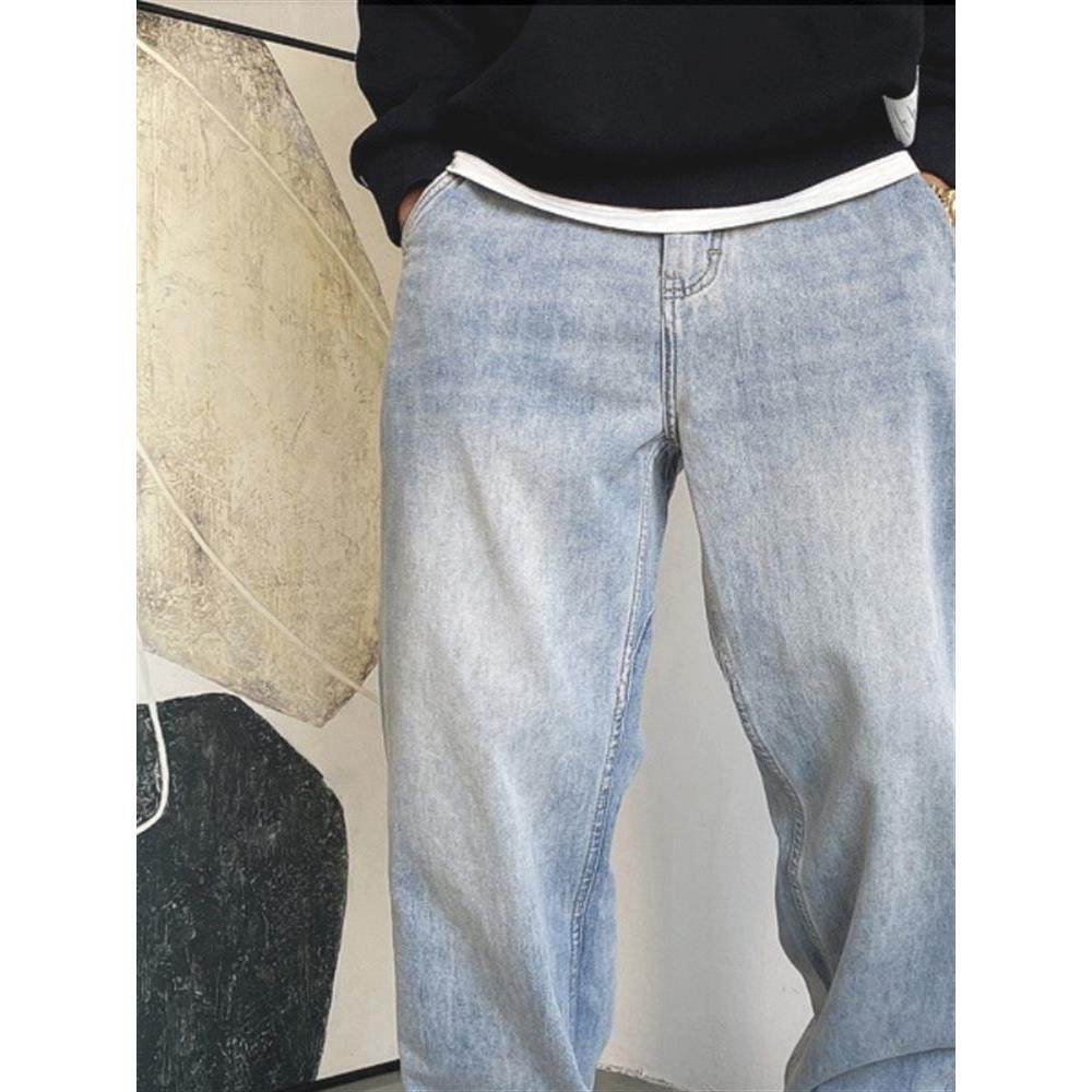 春秋季美式休闲痞帅复古怀旧浅蓝色牛仔裤男直筒宽松百搭阔腿裤子