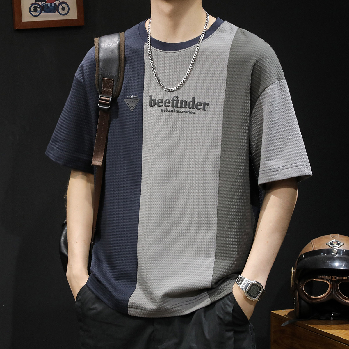 华夫格拼色短袖t恤男2026新款衣服宽松大码夏季重磅潮牌男装体恤