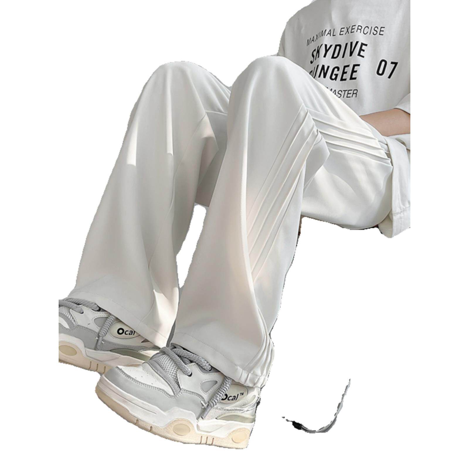 冰丝休闲西裤男夏季薄款青少年设计感潮牌宽松阔腿直筒西装长裤子