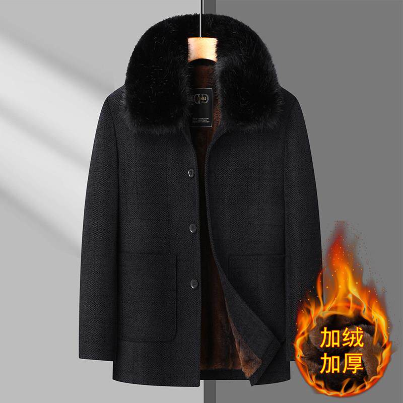 爸爸装棉衣加绒加厚秋冬季中年男装棉服毛呢中老年爷爷雪尼尔外套