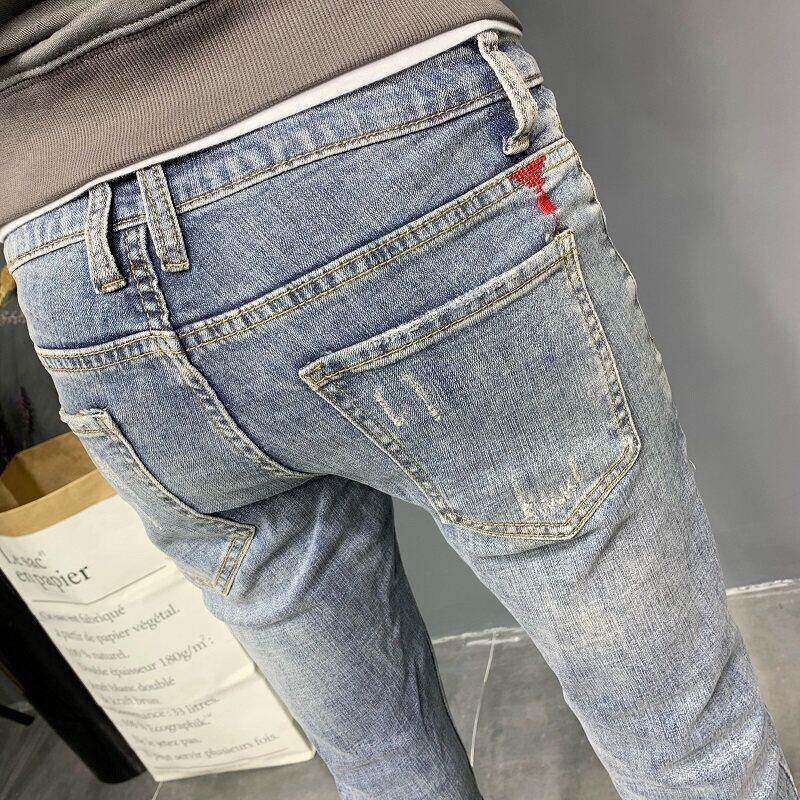 男士牛仔裤男春夏浅色美式潮牌复古刺绣韩版百搭修身小脚九分裤子