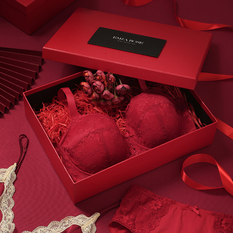 EMMAROSE本命年套装属马女红色大码内衣大胸显小结婚新娘聚拢文胸