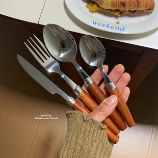 一木宁 胡桃木叉勺家用圆勺304不锈钢木柄勺子叉子餐具套装汤匙