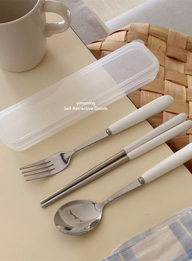一木宁 简约奶油风便携筷勺三件套不锈钢陶瓷柄学生上班旅行餐具
