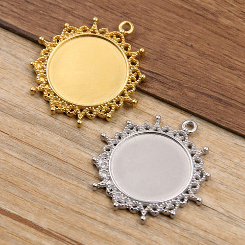 2色 32X34mm DIY不锈钢饰品配件 圆形时光宝石底托 镂空花边底座