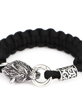 北欧神话维京不锈钢钛钢狼头伞绳手工编制手链男士饰品黑色