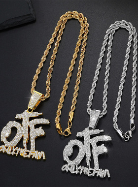 欧美嘻哈创意拼接镶钻字母吊坠OTF银色色项链古巴麻花饰品套装