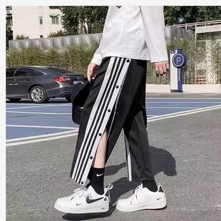 现货阔腿裤男士直筒裤侧排扣裤宽松篮球裤运动裤春夏季裤子男韩版