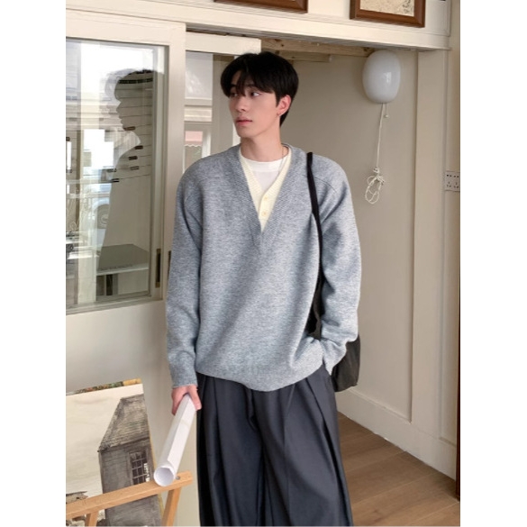 日本品质新款韩版假两件拼接V领针织衫男女慵懒风纯色潮套头毛衣