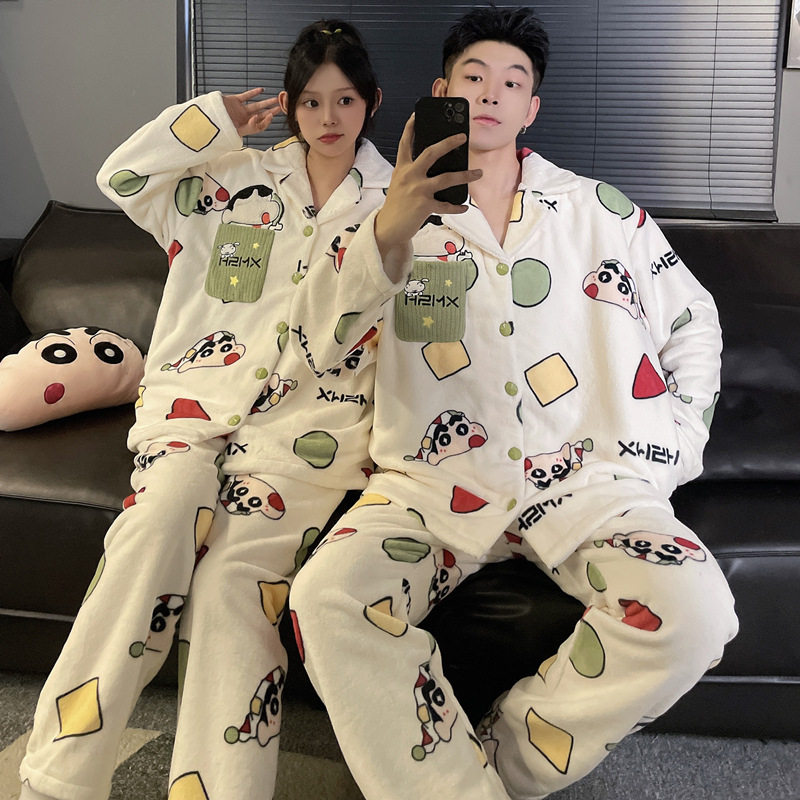 日本品质蜡笔小新情侣睡衣女秋冬季法兰绒加绒加厚卡通可爱男士家