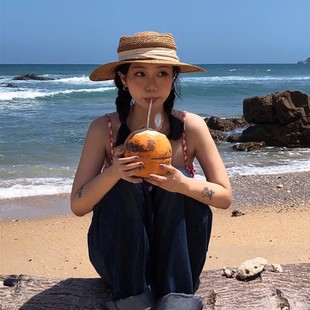 日本品質韓版 出游鏤空平頂草帽網紅拍照凹造型遮陽帽潮海邊沙 夏季