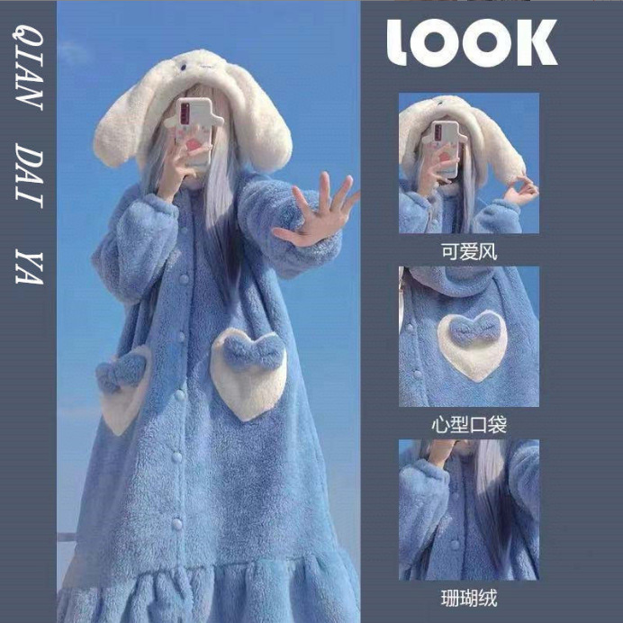 日本品质珊瑚绒玉桂狗睡袍女冬季加厚加绒睡裙卡通长款睡衣外穿刺