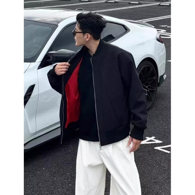 日本品质黑色红内倒三角短款外套男款秋季潮牌正肩飞行夹克美式痞