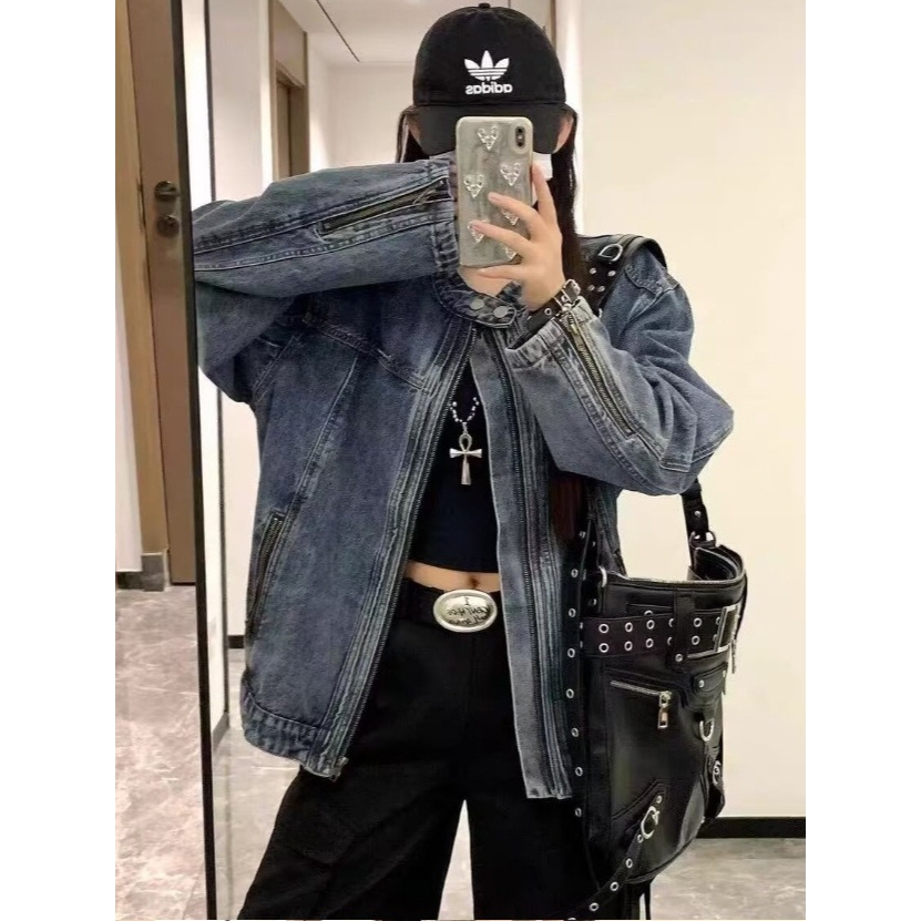 日本品质美式短款牛仔外套男女高级感痞帅发型师潮牌情侣装立领牛