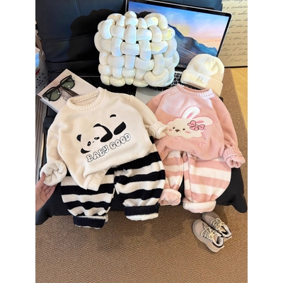 日本品质新款儿童家居服开衫女宝睡衣套新款毛软糯提花宽松法兰绒