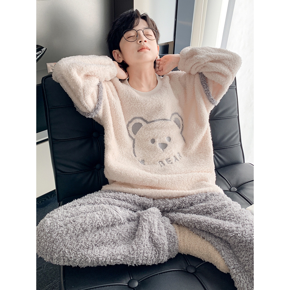 日本品质男童睡衣套装儿童2025秋冬法兰绒珊瑚绒加绒加厚大童半边