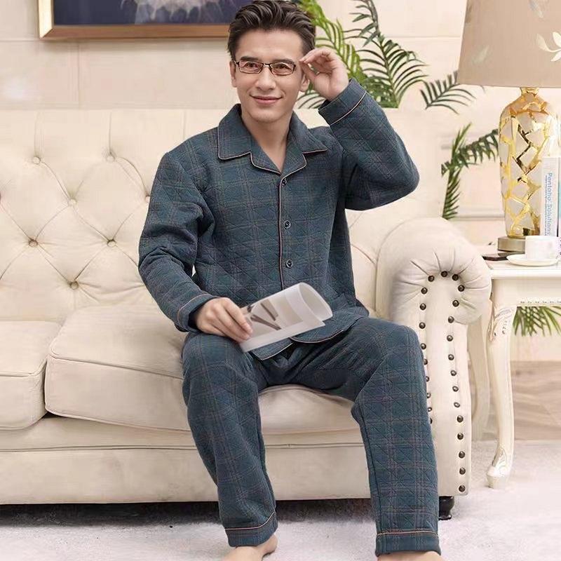 日本品质男士睡衣秋冬空气棉夹层中老年爸爸大码长袖2025新款家居